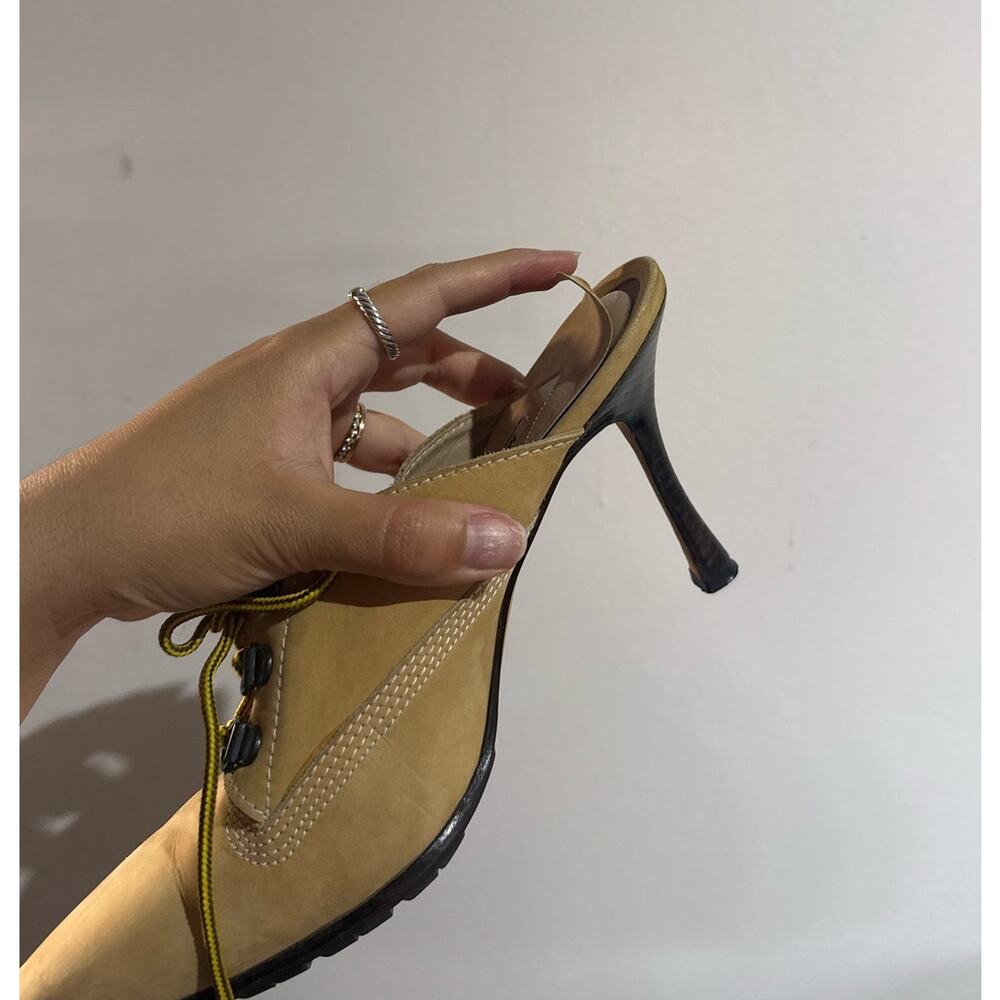 Manolo Blahnik y2k Oklamod Tan Nubuck Timberland Lace Up Mule Heels 38 - Picture 10 of 11